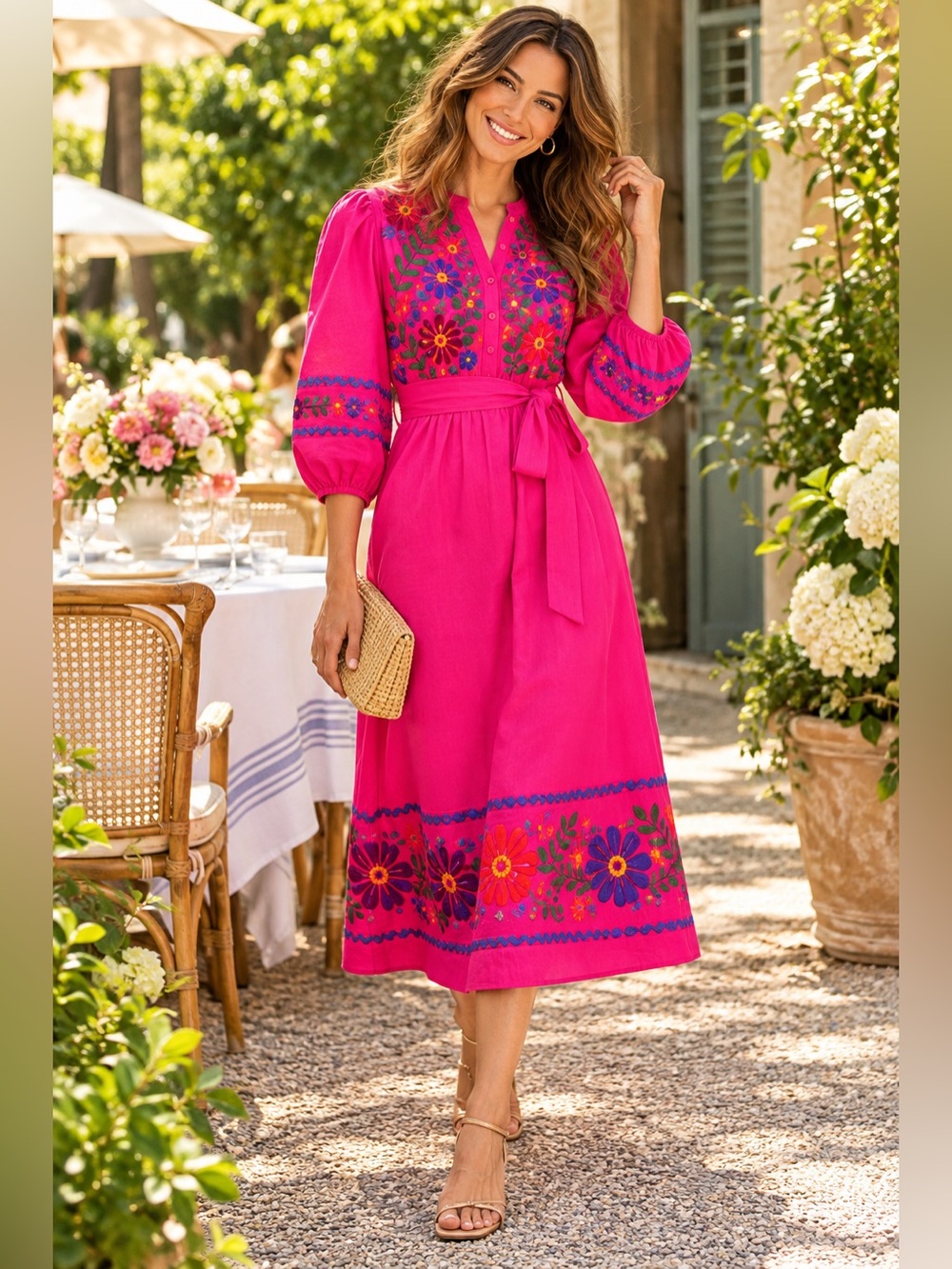 Boden Ava Linen Rich Embroidered Floral Midi Dress Belted Pink Size 6R NWT